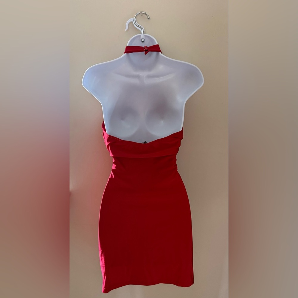 Fashion Nova Red Halter Mini Dress with Gold Ring Accents - Picture 2 of 4